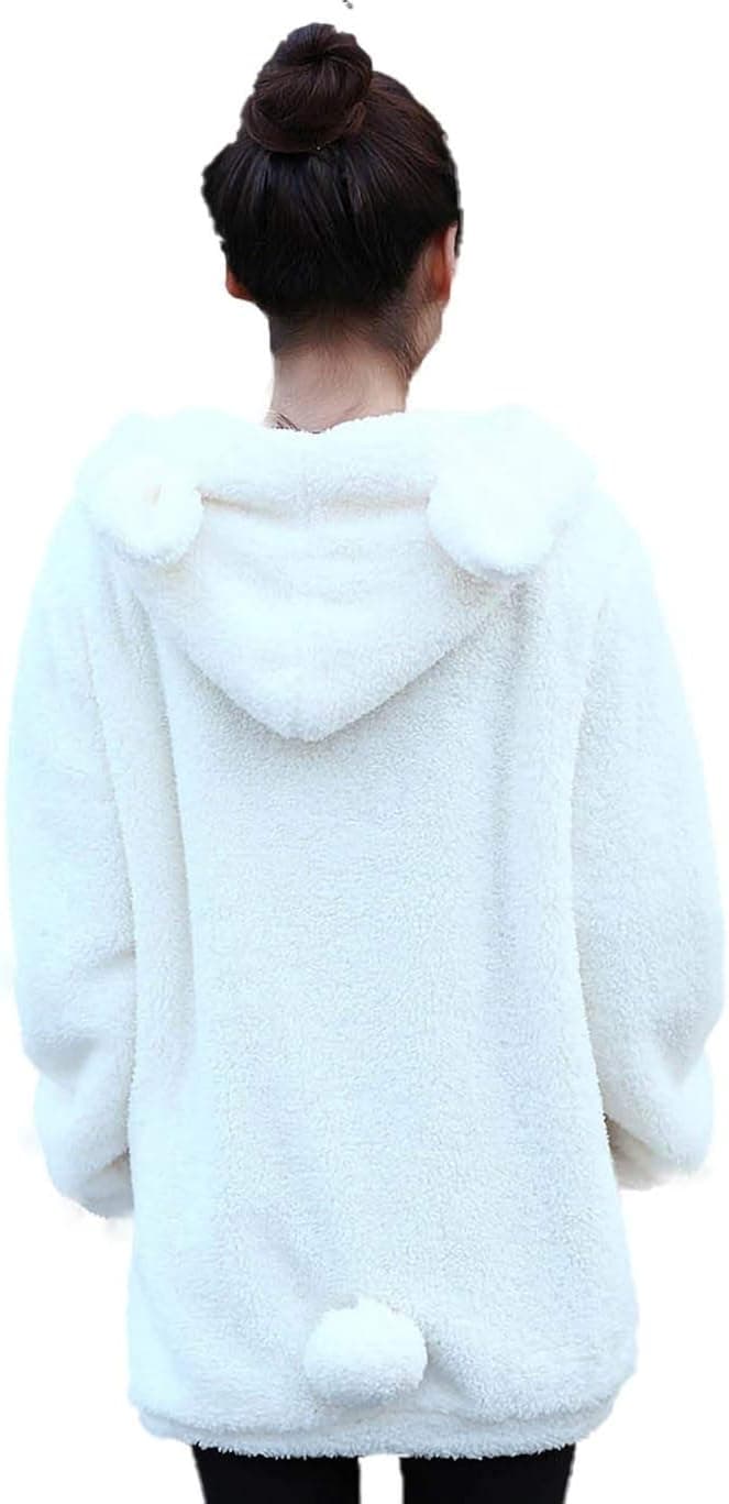 Women Fashion Bear Tail Hoodies,Fluffy 2-ply Sherpa Winter Rabbit Ear&Tail Hooded