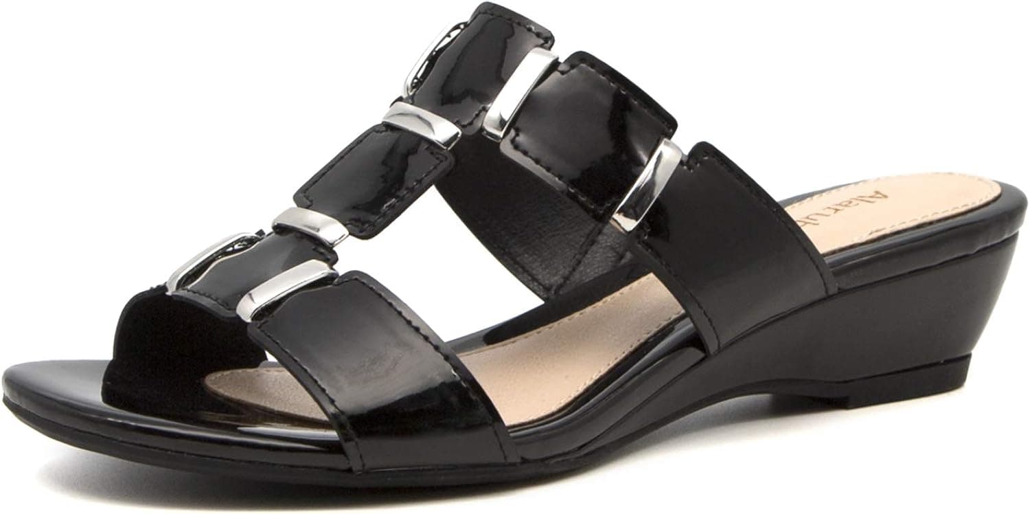 Alaruba Women's Slide Sandal Faux Patent Leather Silver Buckle