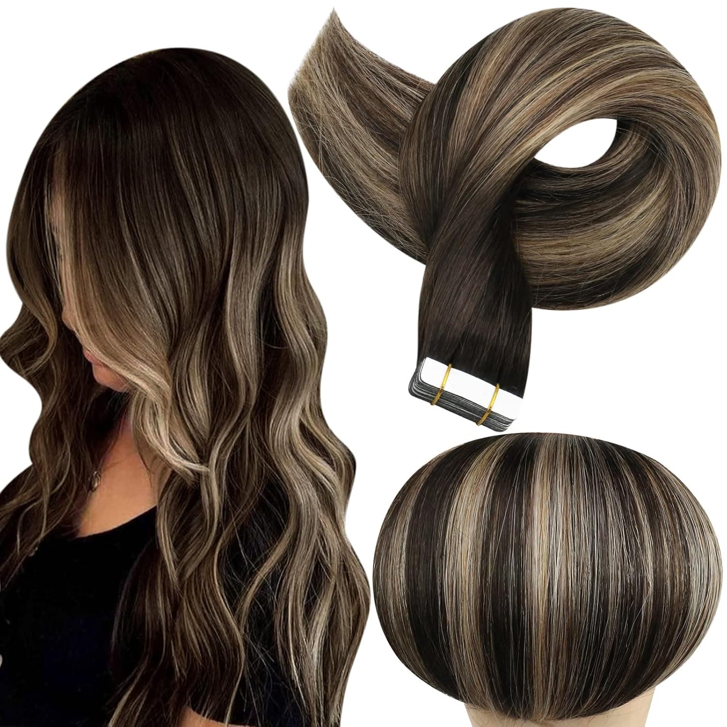 Full Shine Tape in Hair Extensions Human Hair 12 Inch Real Tape in Hair Extensions 30g Seamless Tape in Extensions Balayage Off Black Fading to Honey Blonde and Black PU Tape Hair #1B/27/1B