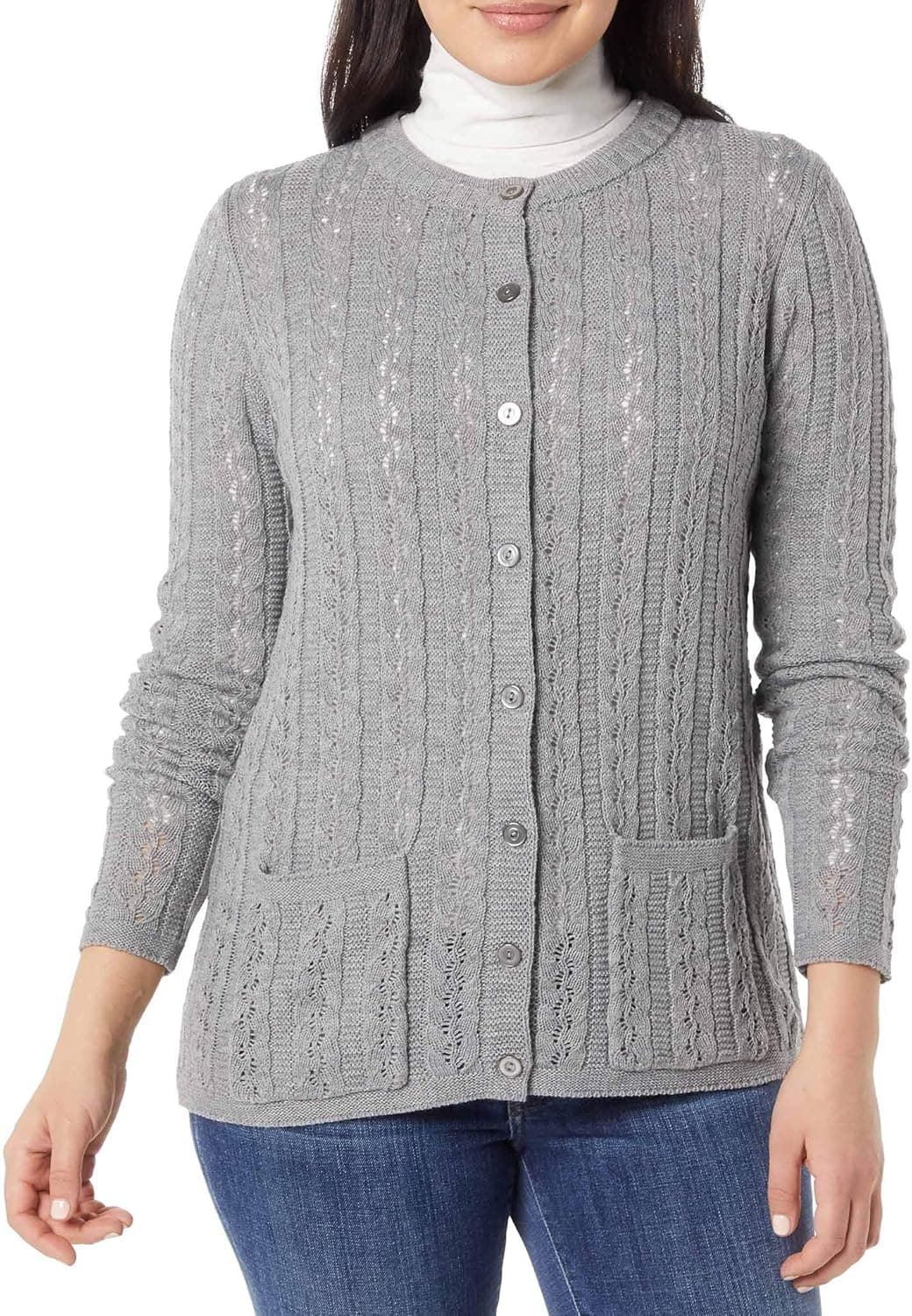AmeriMark Women's Cable Stitch Cardigan Sweater Lightweight Long Sleeve Knit Heather Gray MD