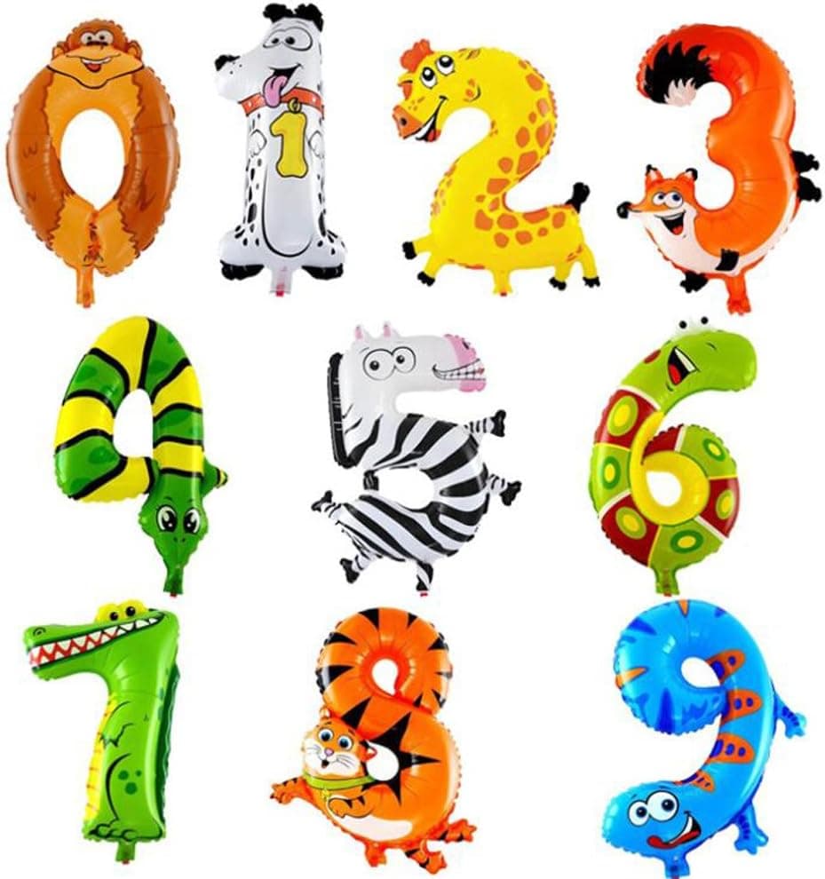 ED-Lumos Set of 10 Pack Colorful Animals Numbers Reusable Helium Balloons for Birthday Party Decoration Children Kids Gift