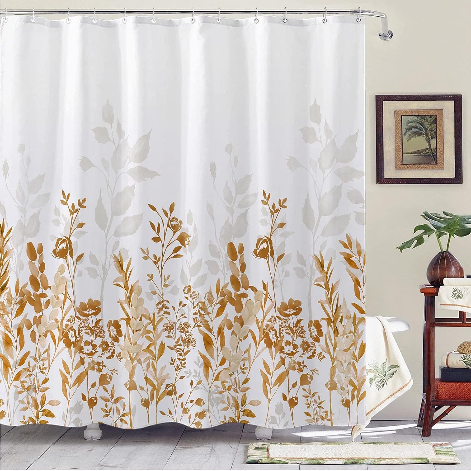 Neasow Brown and Grey Shower Curtain, Watercolor Floral Bathroom Curtain Yellow and White Shower Curtains 72×72 inches