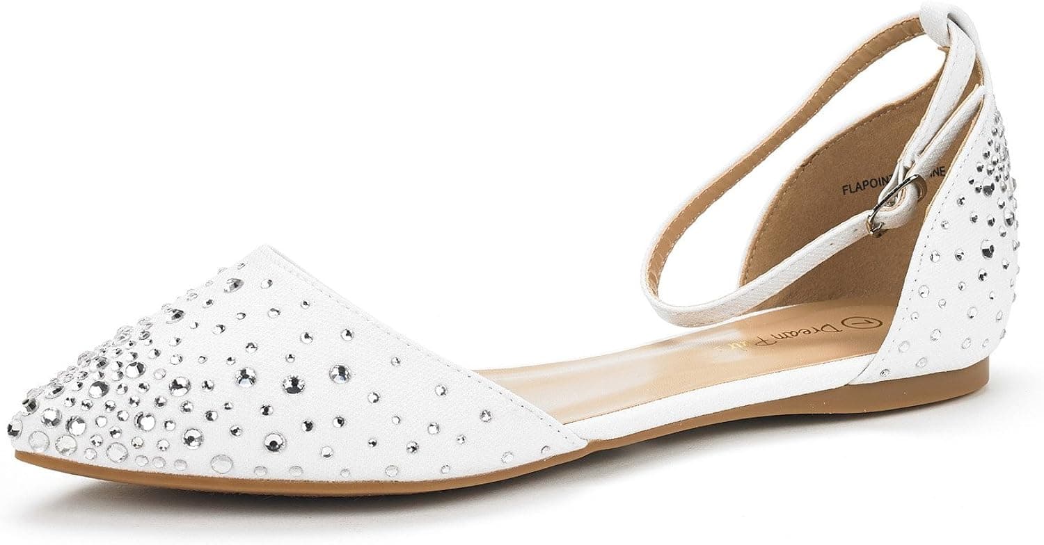 DREAM PAIRS Flapointed-Shine New Women's Casual D'Orsay Rhinestones Pointed Toe Comfort Soft Ballet Flats Shoes White Size 6.5
