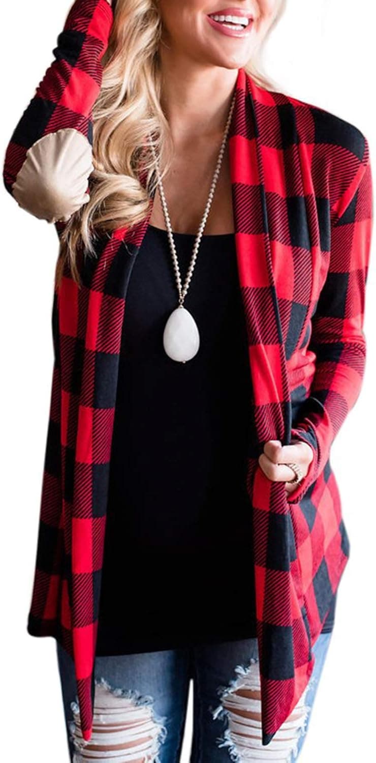 Women's Shawl Collar Striped Cardigan Long Sleeve Elbow Patch Open Front Sweater top