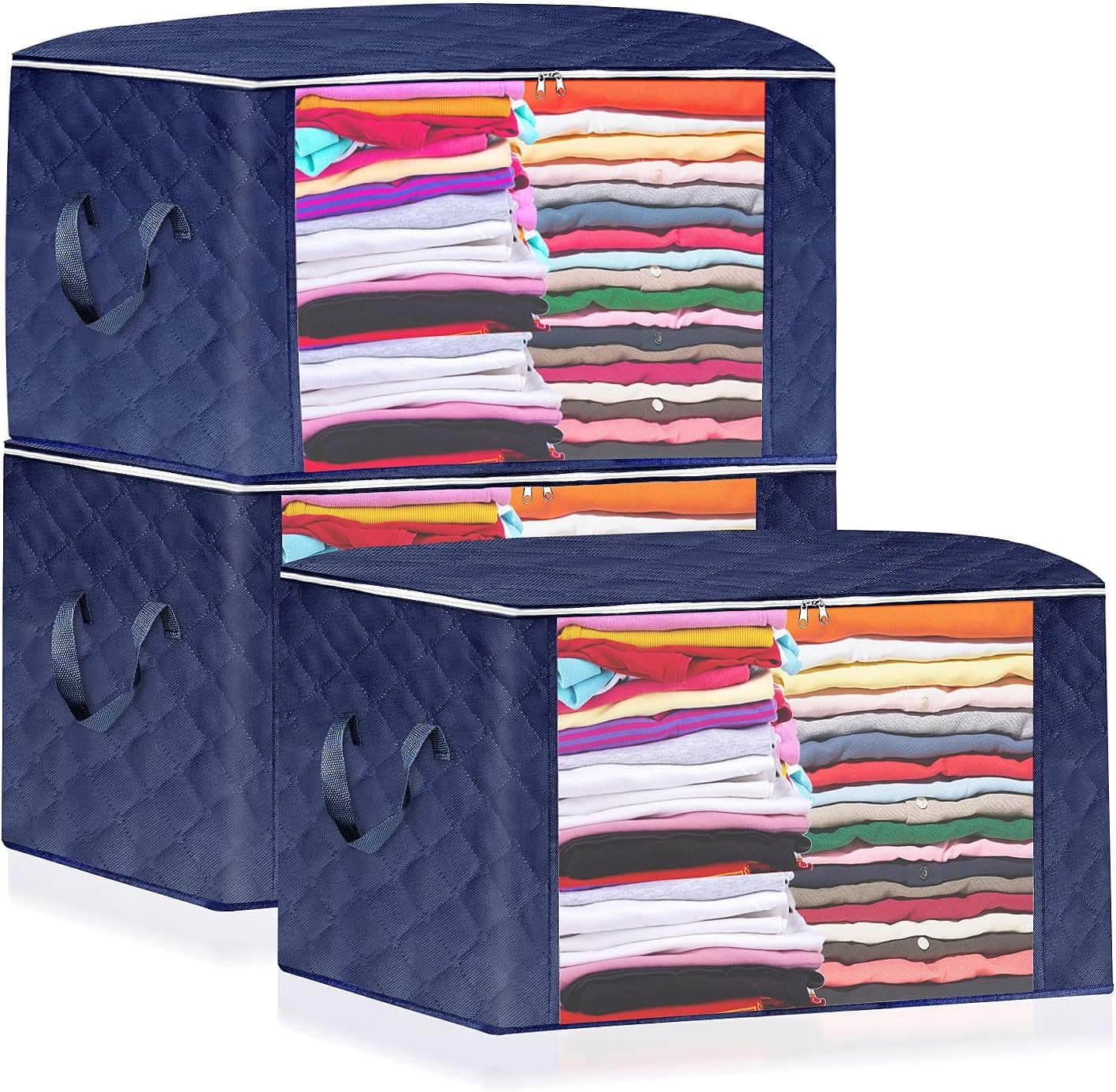 Txtsegose Storage Bags for Clothes,Clothing Organizer Set - Also for Bedding & Blanket Storage - Large Capacity, Reinforced Handles, Sturdy Zipper, Water-Resistant, 90L (Blue, 3-Pack)
