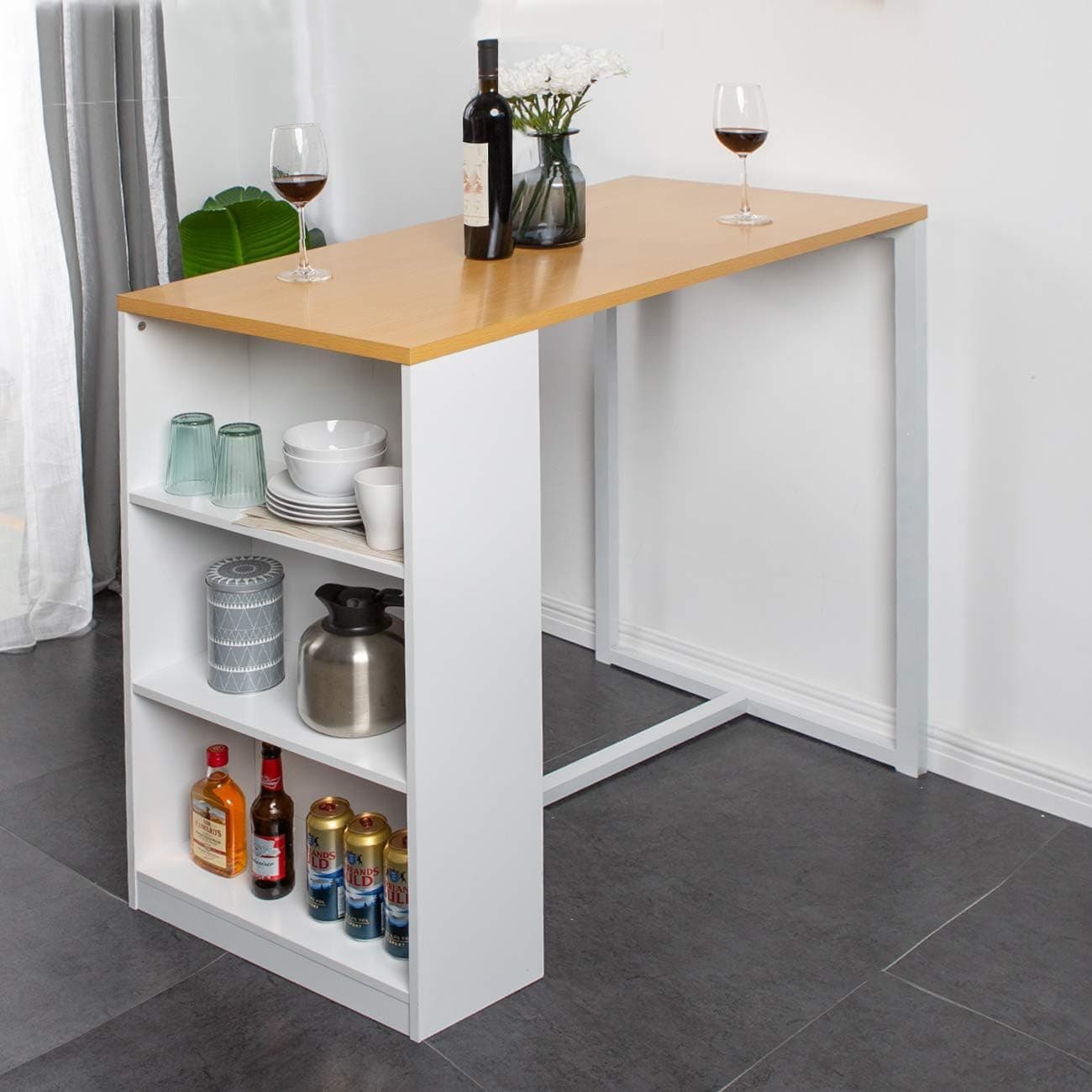DlandHome 47 Inches Bar Table, Elegant Pub Dining Table with 3 Storage Racks, Desk for Kitchen/Home, GCBG1022