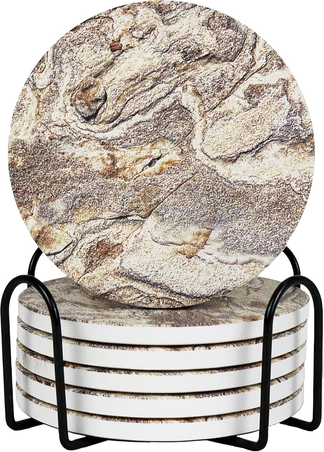 Drink Coasters with Holder, Marble Style Absorbent Ceramic Coasters with Cork Base for Tabletop Protection, Cork Base, Suitable for Kinds of Cups, Wooden. (Set of 6, 4 Inches)(Brown)
