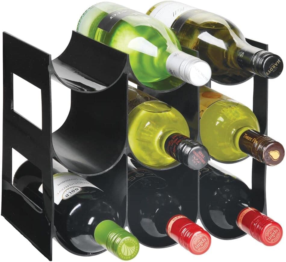 mDesign Plastic Water Bottle Organization/Wine Rack Storage Organizer for Kitchen Countertops, Cabinet, Bin, Pantry, Fridge, Refrigerator, 3 Tiers, 9 Bottles, Lumiere Collection - Black