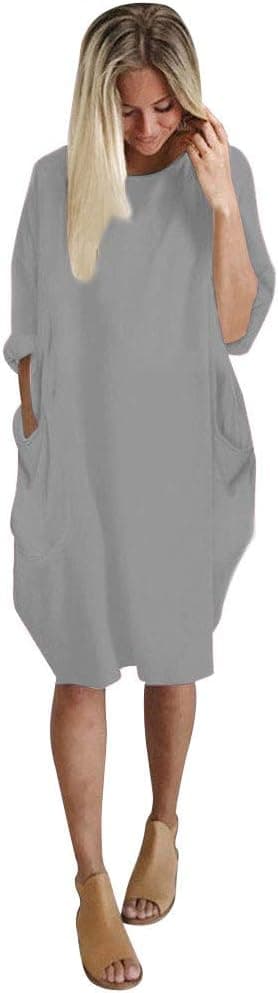 Koolee Women Tunic Dress Loose Long/Short Sleeve Plain Solid Oversize Baggy Party Shirt Mini Short Dresses with Pockets