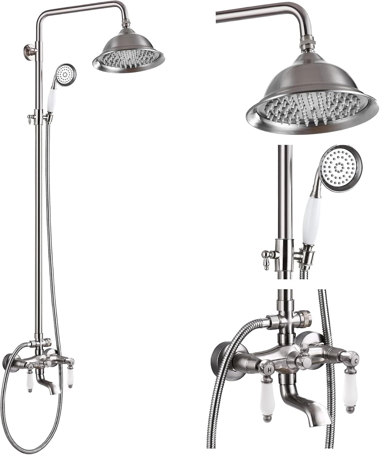 Brushed Nikcel Shower Faucet 8-inch Shower Head Fixture with Handheld Spray Double Lever Handle Tub Spout Triple Function Bathroom Set Wall Mount