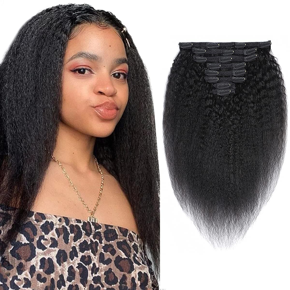 Kinky Straight Clip in Human Hair Extensions for Black Women Kinky Straight Clip Ins Natural Black Afro 100% Human Hair Full Head Unprocessed Remy Yaki Hair Clip in Extensions8 Pieces/Lot 125g with 18 Clips (22")
