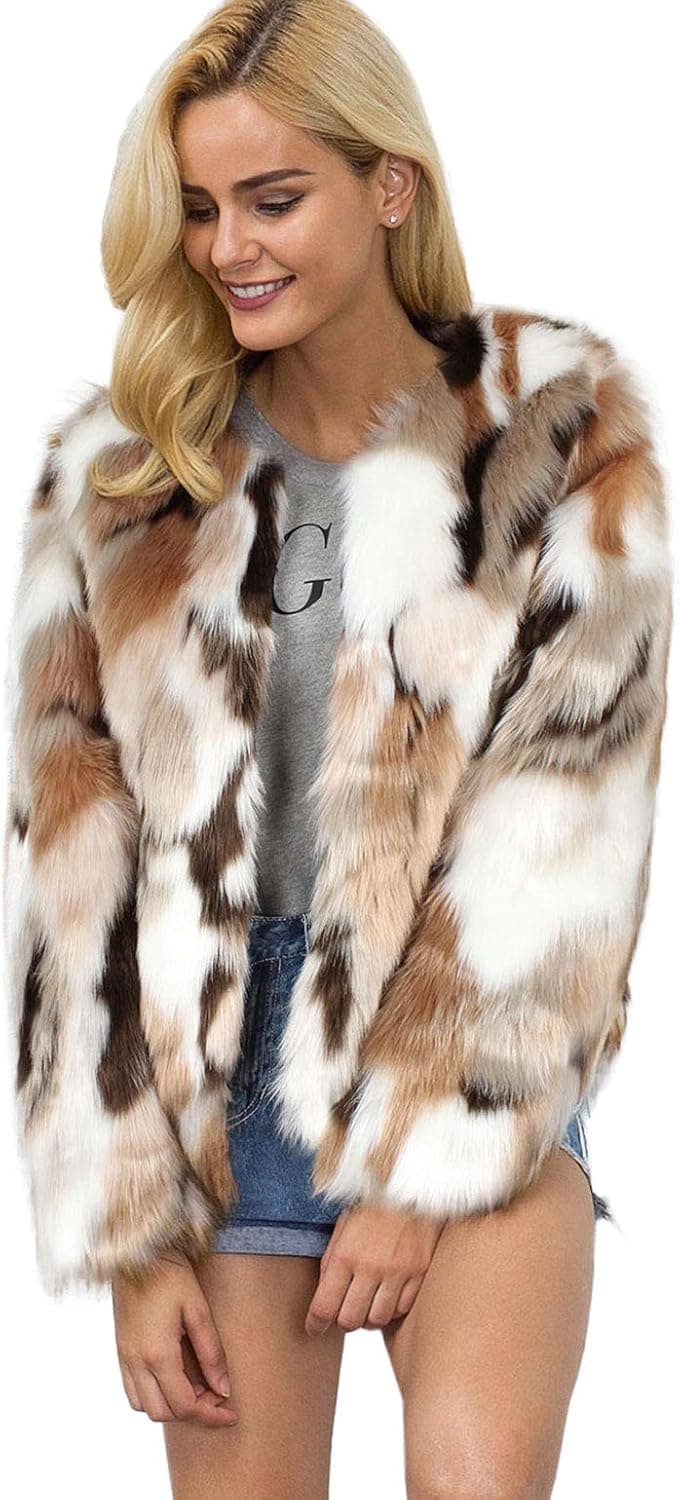 Women Warm Long Sleeve Parka Faux Fur Coat Overcoat Leopard Fluffy Top Jacket