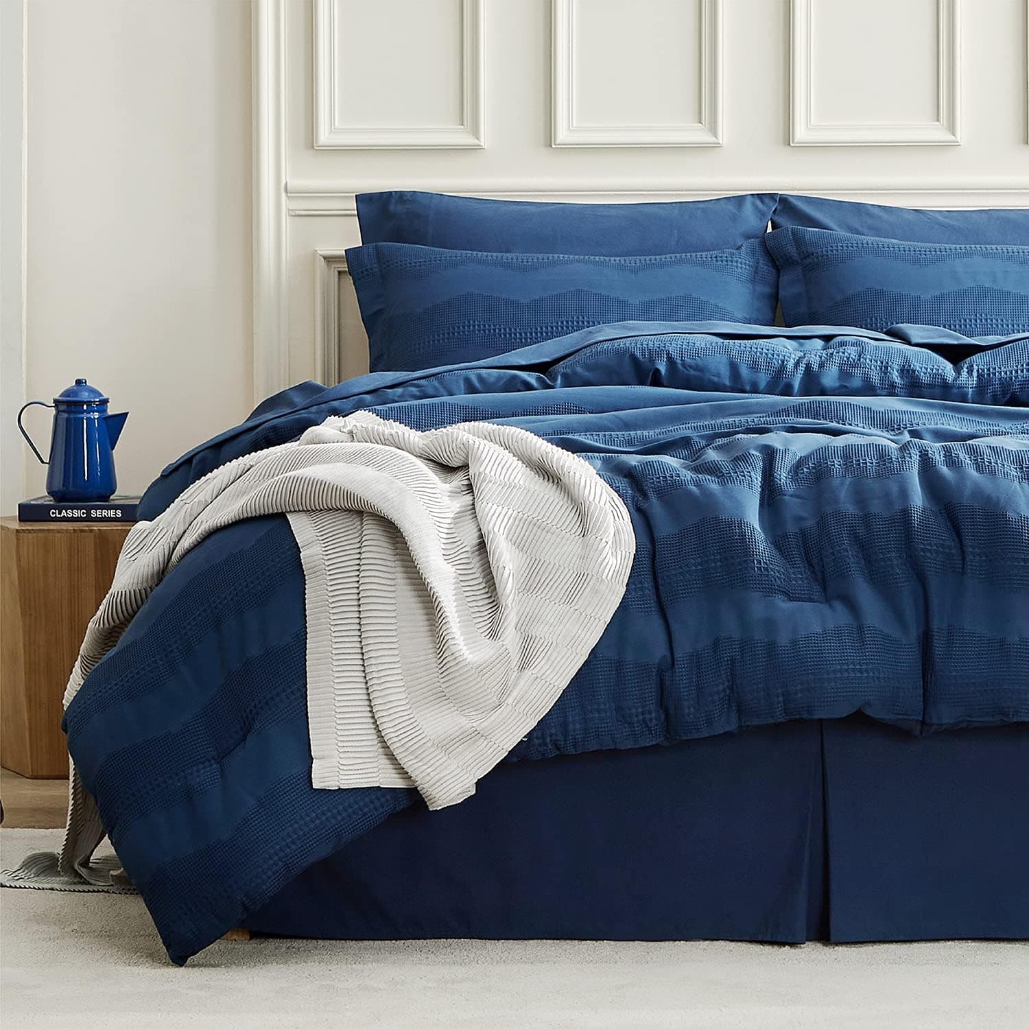 Bedsure Bed in a Bag - Waffle Weave King Comforter Sets, 8 Piece Bedding Comforters & Sets, Super Soft & Cozy All Season Complete Set (King, Navy)