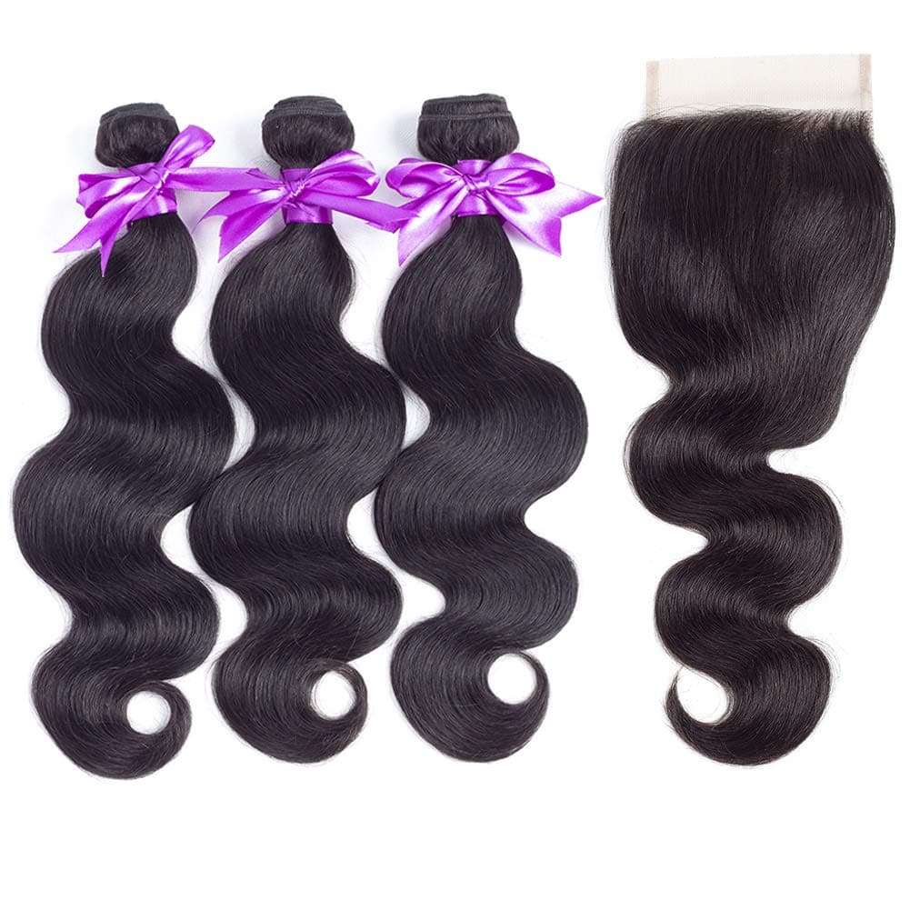 Brazilian Body Wave Bundles with Closure (12 14 16+12 Free Part) 100% Unprocessed Brazilian Virgin Human Hair 3 Bundles with Closure Natural Black Color …