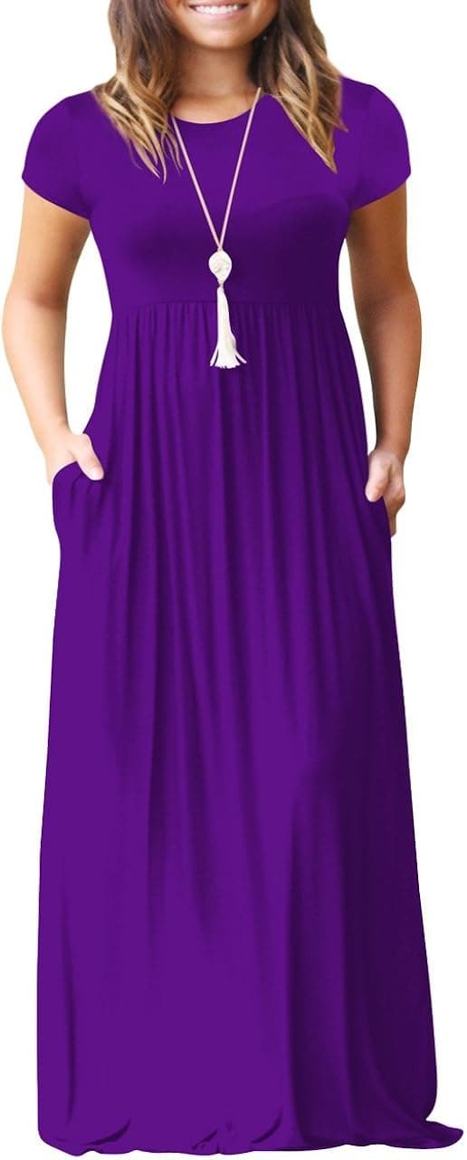 LesViden Women's Scoop Neck Short Sleeve Long Dresses Casual Maxi Dress with Pockets