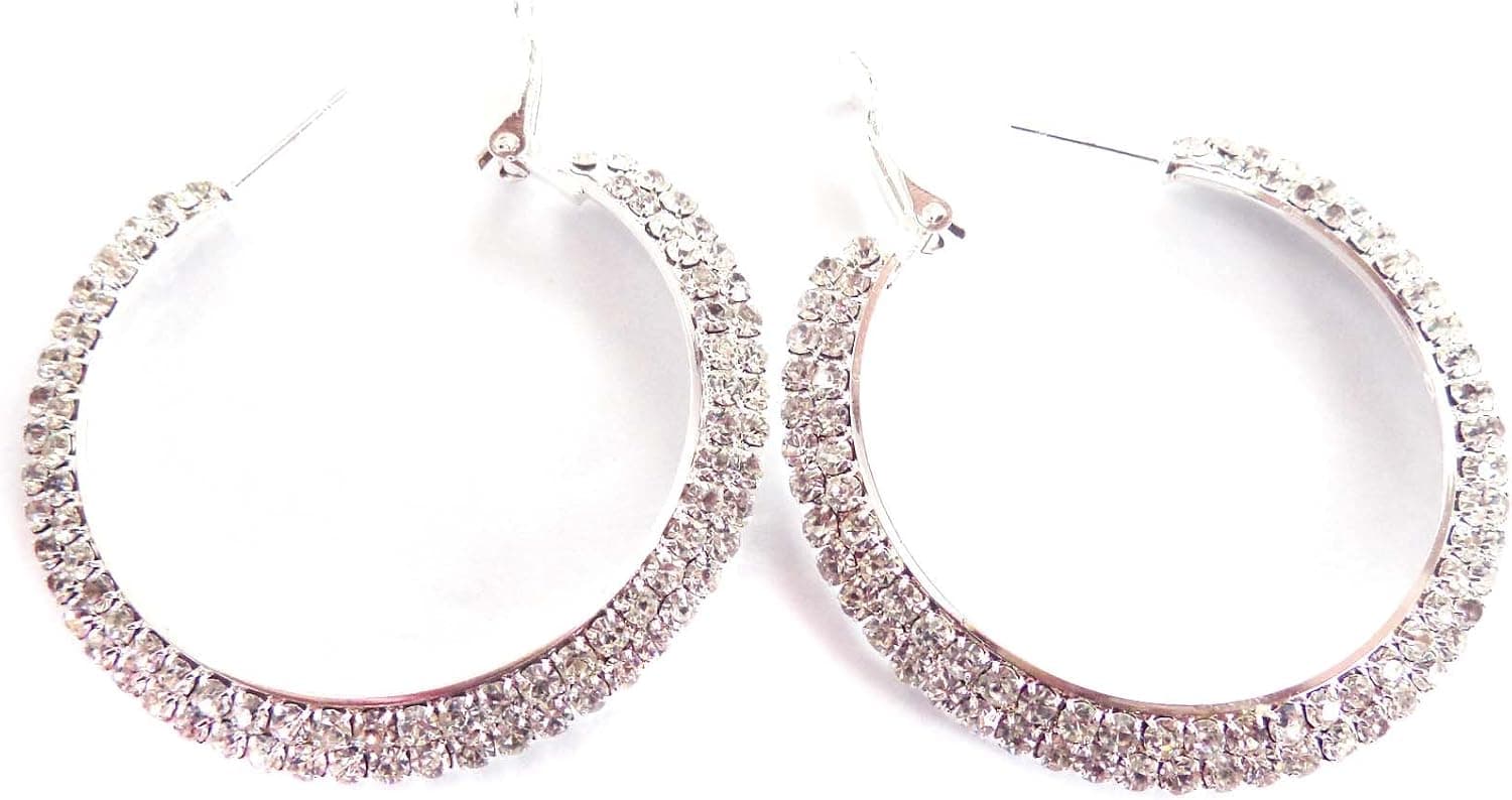 Crystal Hoop Earrings 2 Inch Double Crystal Row Hoop Earrings Silver Tone Hoops