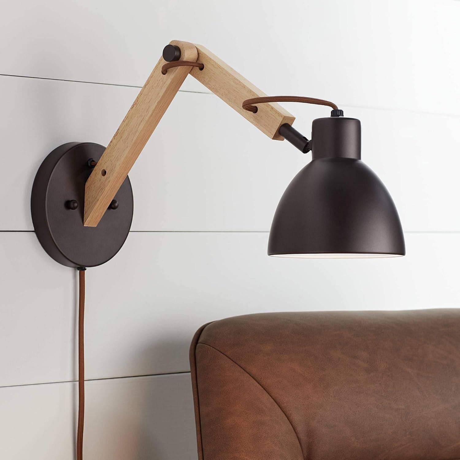 Barnes and Ivy Euless Industrial Modern Wall Lamp Bronze Plug-in 6" Fixture Adjustable Wood Arm Metal Dome Shade for Bedroom Bedside Bathroom Vanity Living Room Hallway Dining House Kitchen