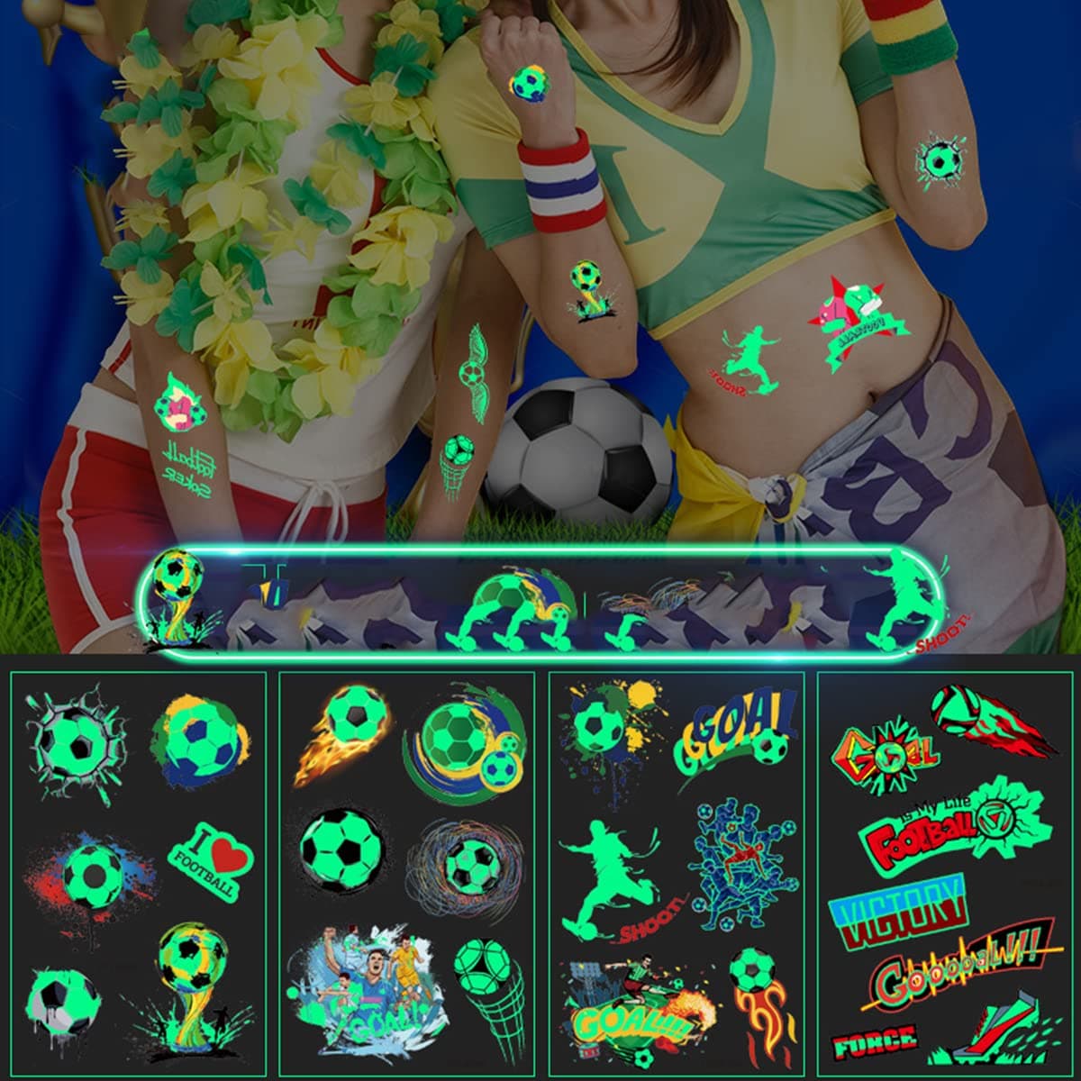 Soccer Tattoos Football Tattoos Glow in The Dark Temporary Transfer Tattoos for World Cup Party & Stocking Fillers, 10 Sheets 70PCS