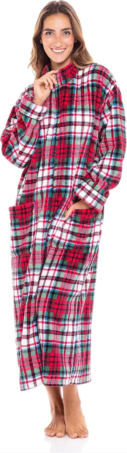 Alexander Del Rossa Women’s Robe, Full-Length Fleece Zipper Bathrobe with Two Large Front Pockets, Christmas Plaid Green and Blue on Red, 3X-4X