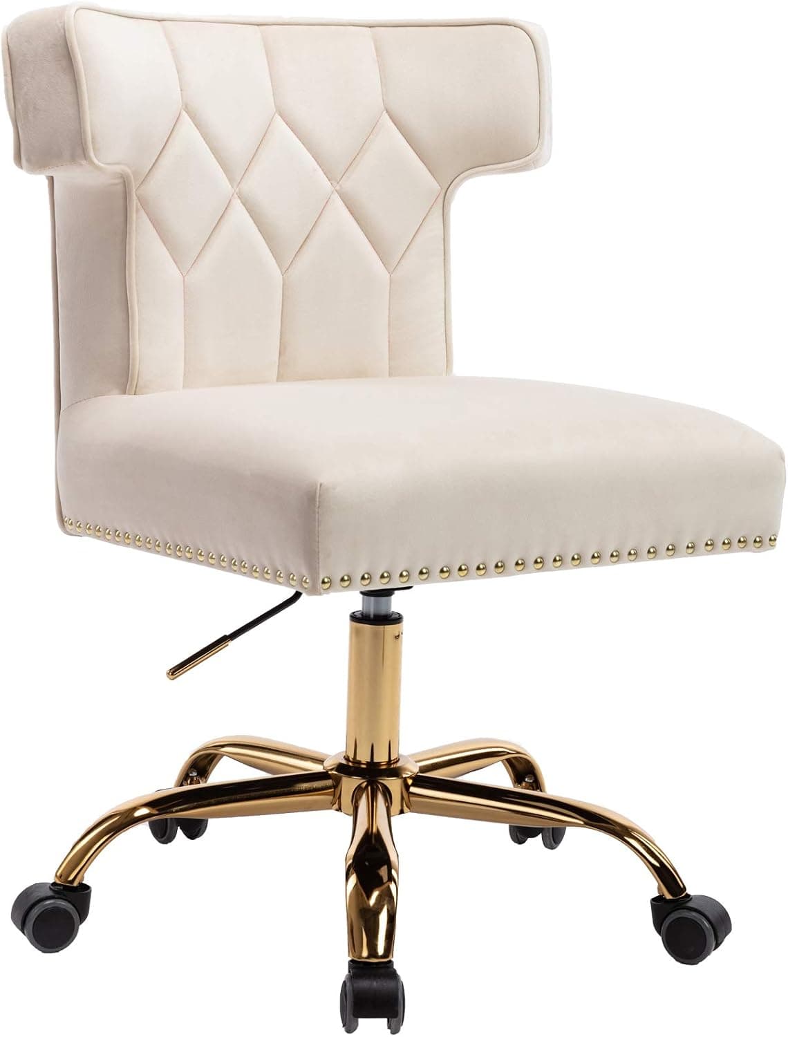 Dolonm Velvet Desk Chair Accent Swivel Office Chair with Wheels Upholstered Vanity Task Chair Mid-Back Height Adjustable Modern Tufted Rolling Chair for Home Office Bedroom Living Room (Beige)