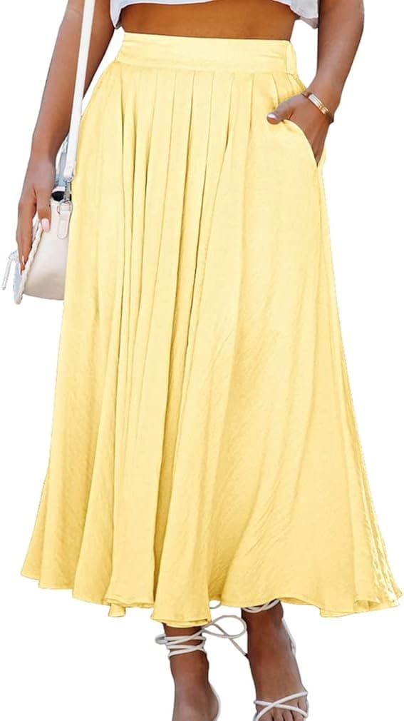 YMDUCH Women's Summer Elastic Waist Maxi Skirts Boho A-Line Flowy Long Skirts with Pockets Yellow