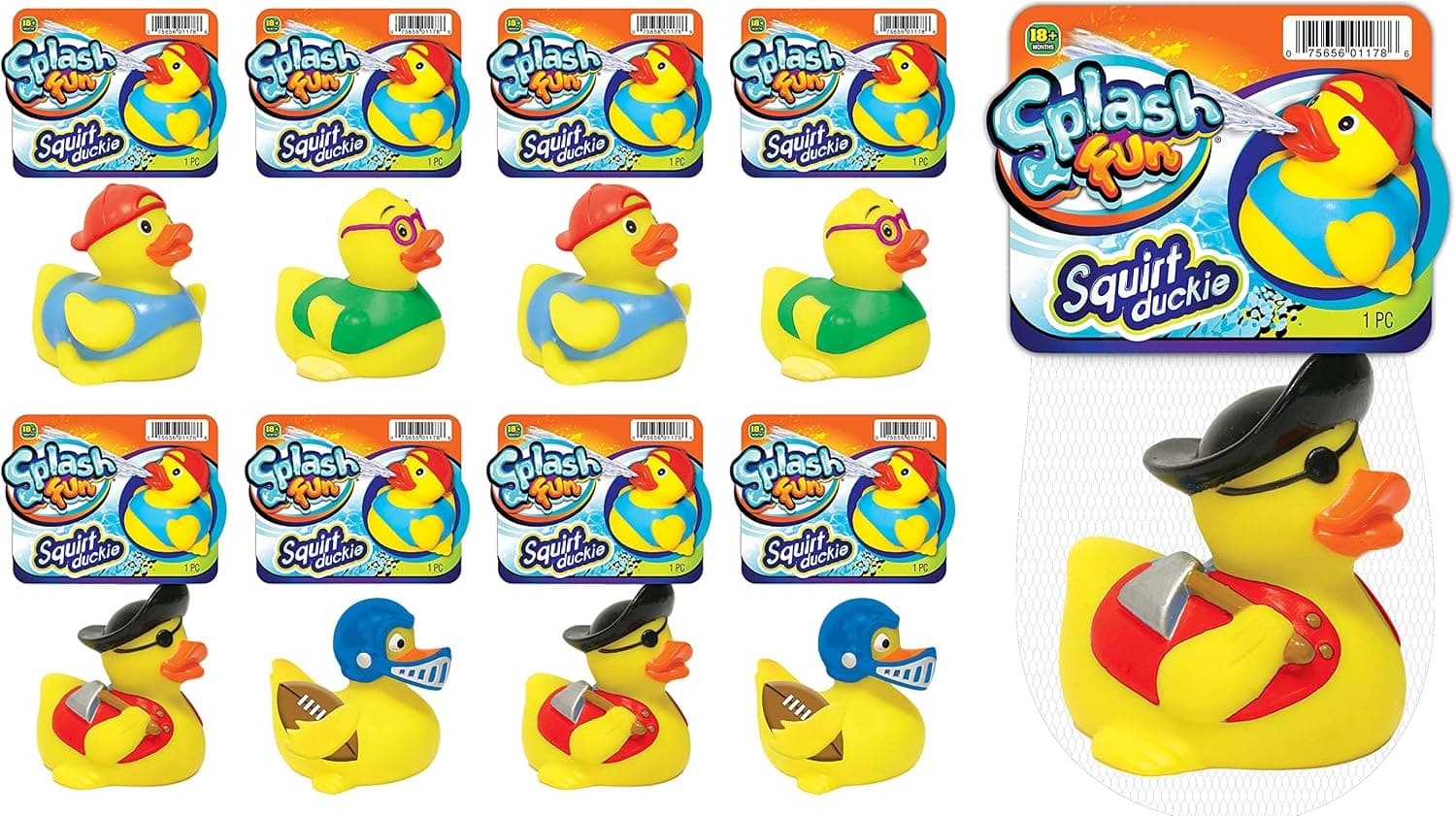 Splash Fun Rubber Duck Water Squirt Toys (8 Rubber Ducks Assorted) by JA-RU. Classic Rubber Ducks Water Squirting Bathtub Toy for Kids & Toddler Fun Bathtime. Party Favors Birthday Gift Bulk. 1178-8s