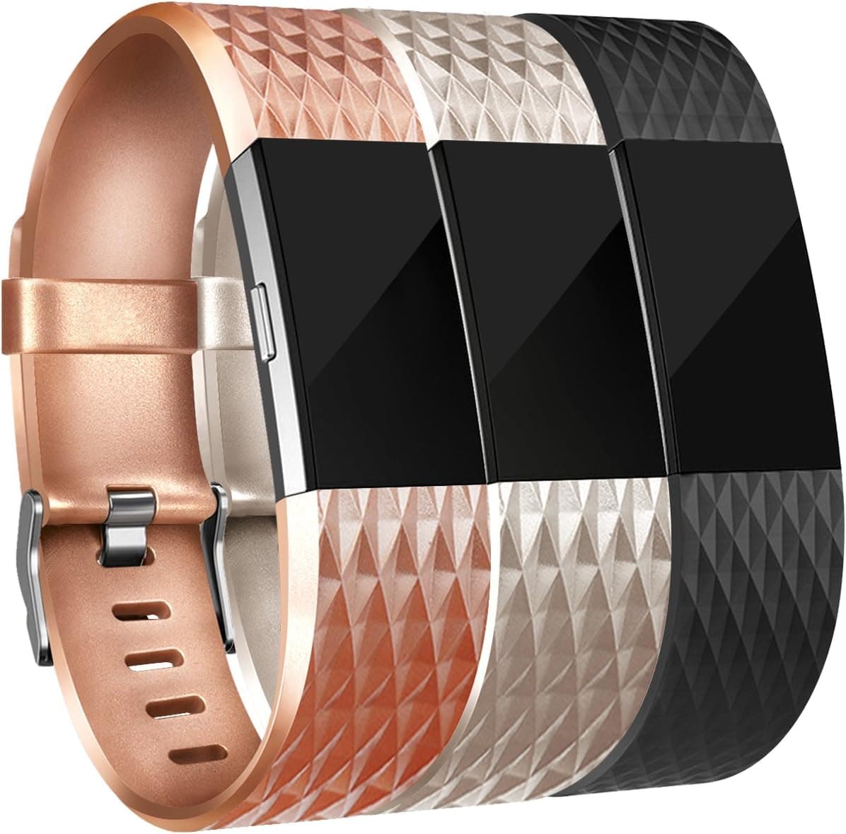 Amzpas for Fitbit Charge 2 Bands, 3 Pack, Small Large Adjustable Replacement Accessory Wristbands Bracelet for Fitbit Charge 2 Women & Men (#Special:Bronze+Champagne+Black, Large)