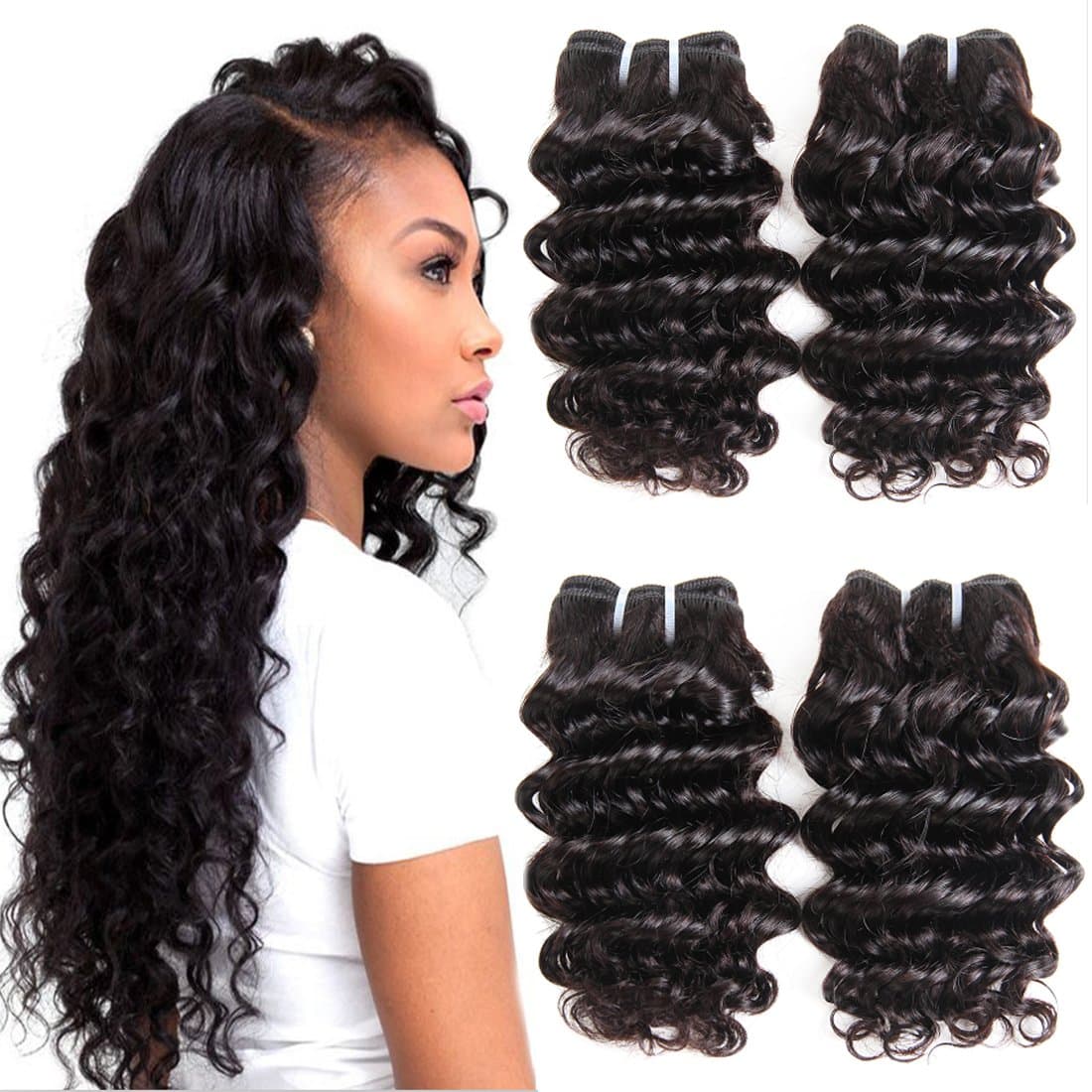 7A Grade Brazilian Human Hair Deep Wave 4 Bundles 100% Unprocessed Virgin Brazilian Deep Curly Hair Weave Bundles Natural Color Total200g (8888, Natural black)