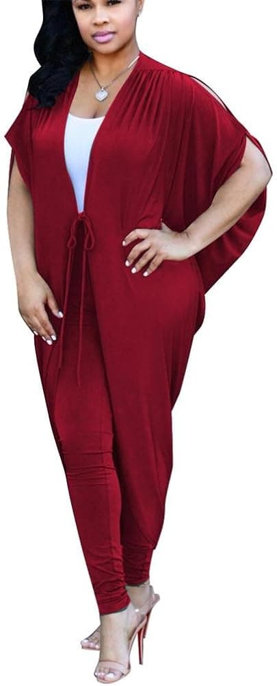 Womens 2 Piece Outfit Split Batwing Sleeve Waist Tie Long Cardigan and Pants Set