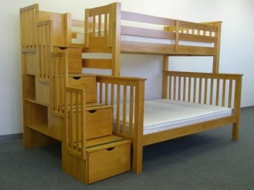 Bedz King Twin Over Full Stairway Bunk Bed, Honey