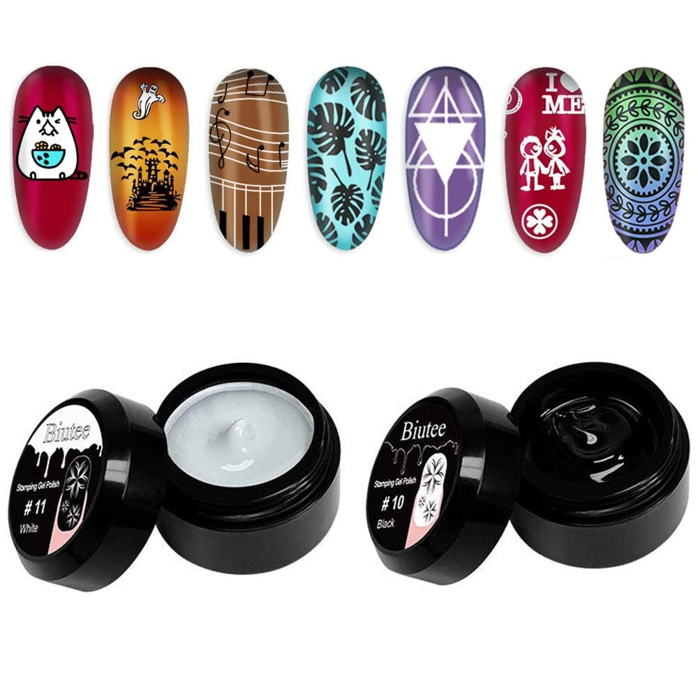 Biutee Nail stamping gel stamping polish 2PCS Black White UV LED Gel Polish for nail stamping plate