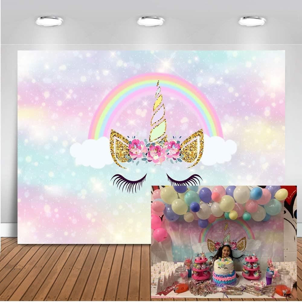 Mocsicka Rainbow Unicorn Backdrop 7x5ft Vinyl Unicorn Flower Kids Birthday Party Decoration Photo Booth Backdrops Baby Shower Dessert Table Newborn Photography Background