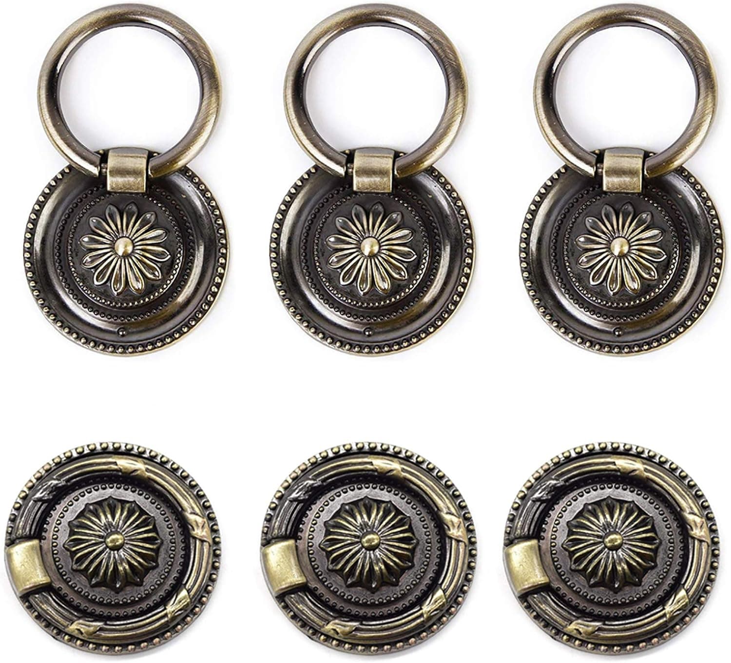 Proudsun Antique Drawer Pulls Bronze Ring Dresser Knobs Round Drawer Handles Vintage Cabinet Knob 1.77 Inch for Nightstand Cupboard Drawer Cabinet Pull(6 Pack)