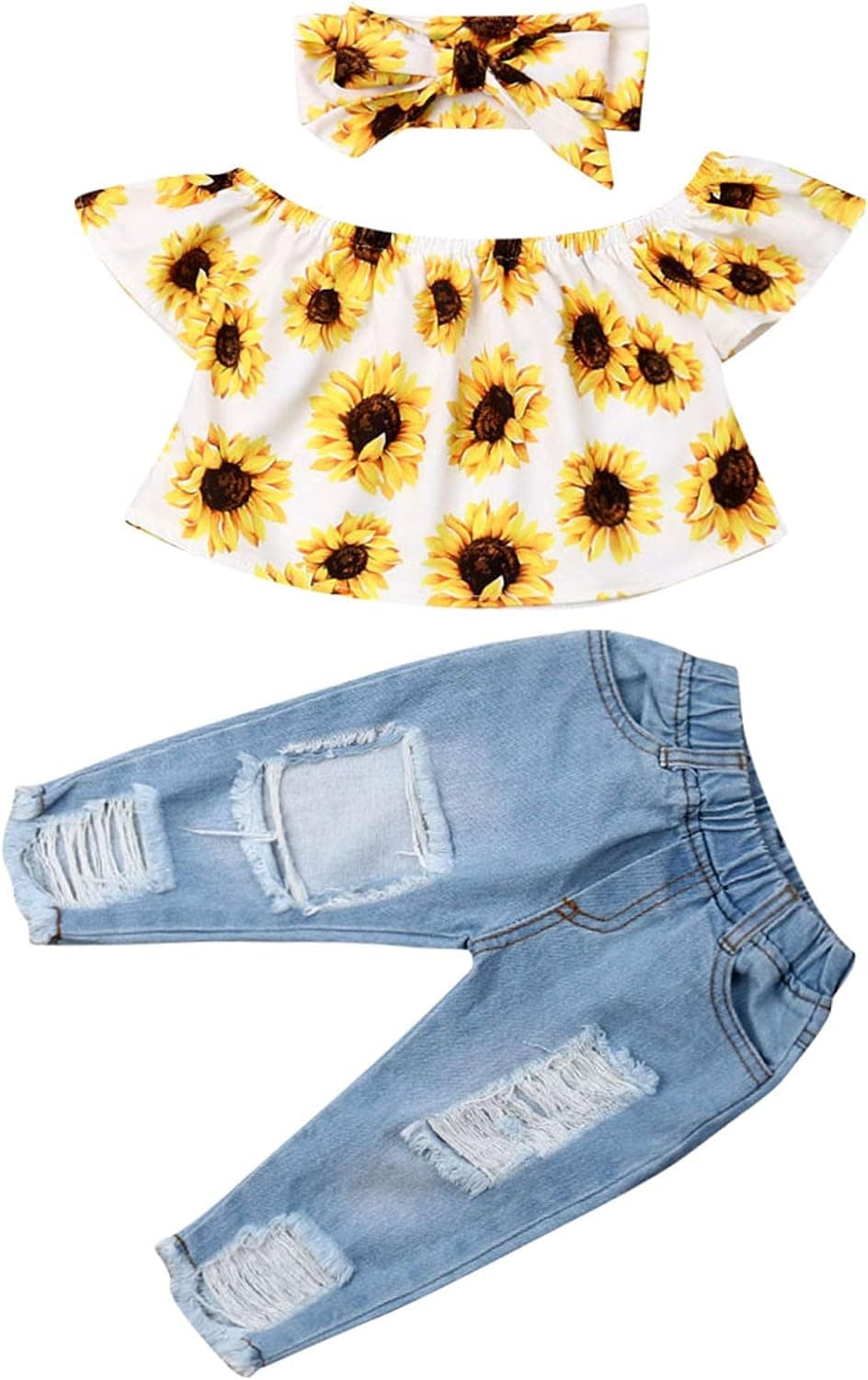 Lefyira Toddler Baby Girl Jeans Outfits Off Shoulder Tube Top Ruffle Sunflower Shirt Ripped Jeans Denim Pant Summer Clothes