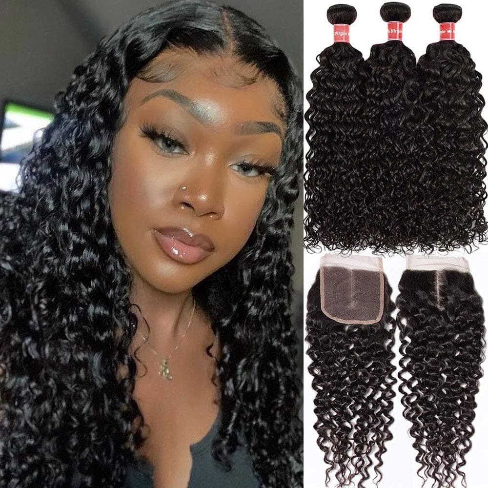 10a Brazilian Water Wave Bundles with Lace Closure Human Hair Water Wave Bundles with 4x4 Closure Middle Part Wet and Wavy Curly Closure and Bundles Virgin Human Hair Natural Color (14 16 18+12)