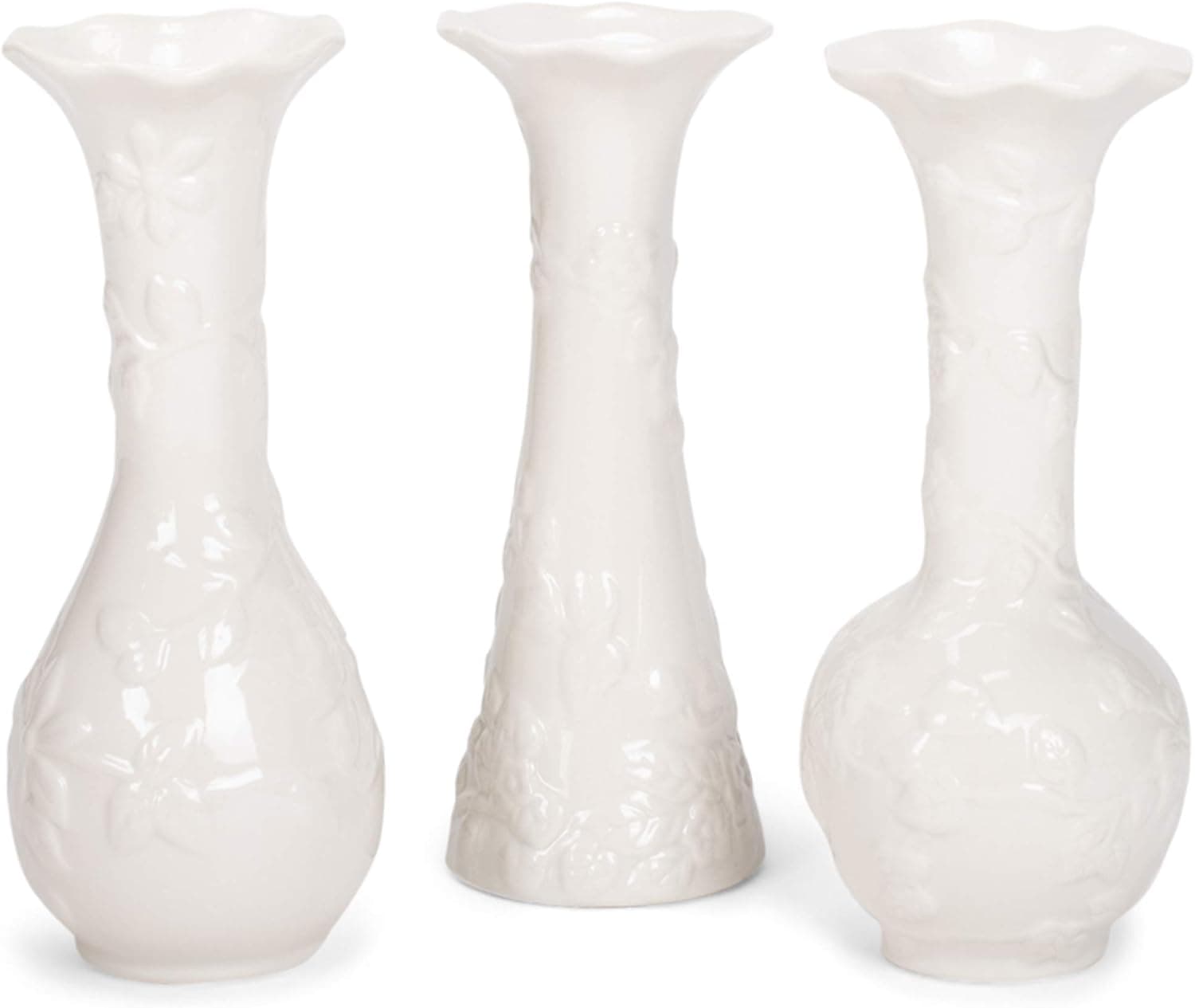 Napco Vintage Fluted Vines Milk White 8 inch Porcelain Ceramic Bud Vases Set of 3