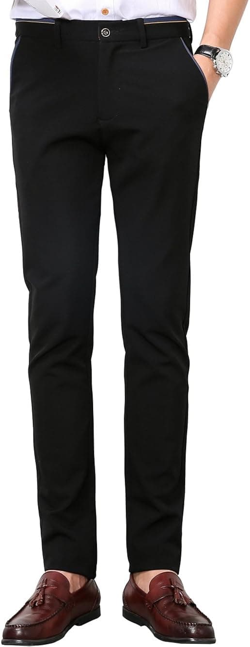 Men's Slim Fit Wrinkle-Free Casual Stretch Pants, Fit Flat Front Pant Dress Trousers Black