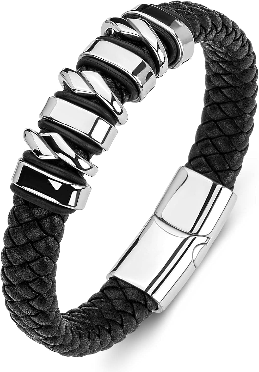 LJWVX Genuine Leather Bracelet for Men Braided Cuff Wristband Stainless Steel Clasp in Silver and Gold Jewellery Gift