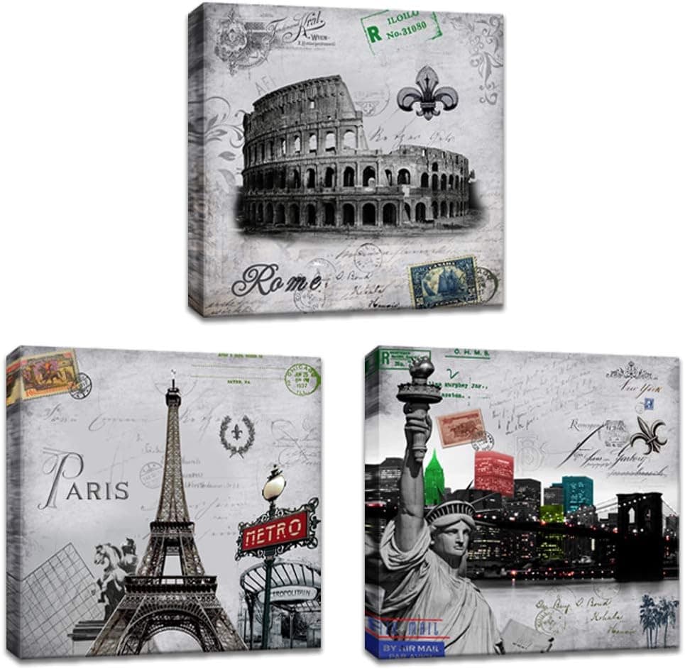 Innopics Famous Landmark Architecture Poster Print Canvas Wall Art 3 Piece Statue of Liberty,The Colosseum,Eiffel Tower Picture Painting Black and White Decor Framed for Home Bedroom Office Decoration