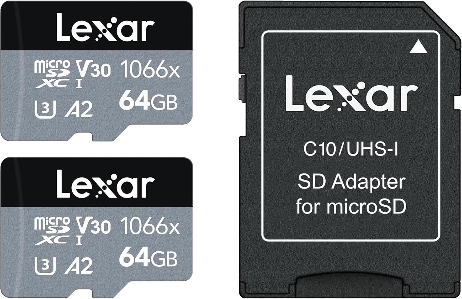 Lexar Professional 1066x 64GB (2-Pack) microSDXC UHS-I Card w/SD Adapter Silver Series, Up to 160MB/s Read, for Action Cameras, Drones, High-End Smartphones and Tablets (LMS1066064G-B2ANU)