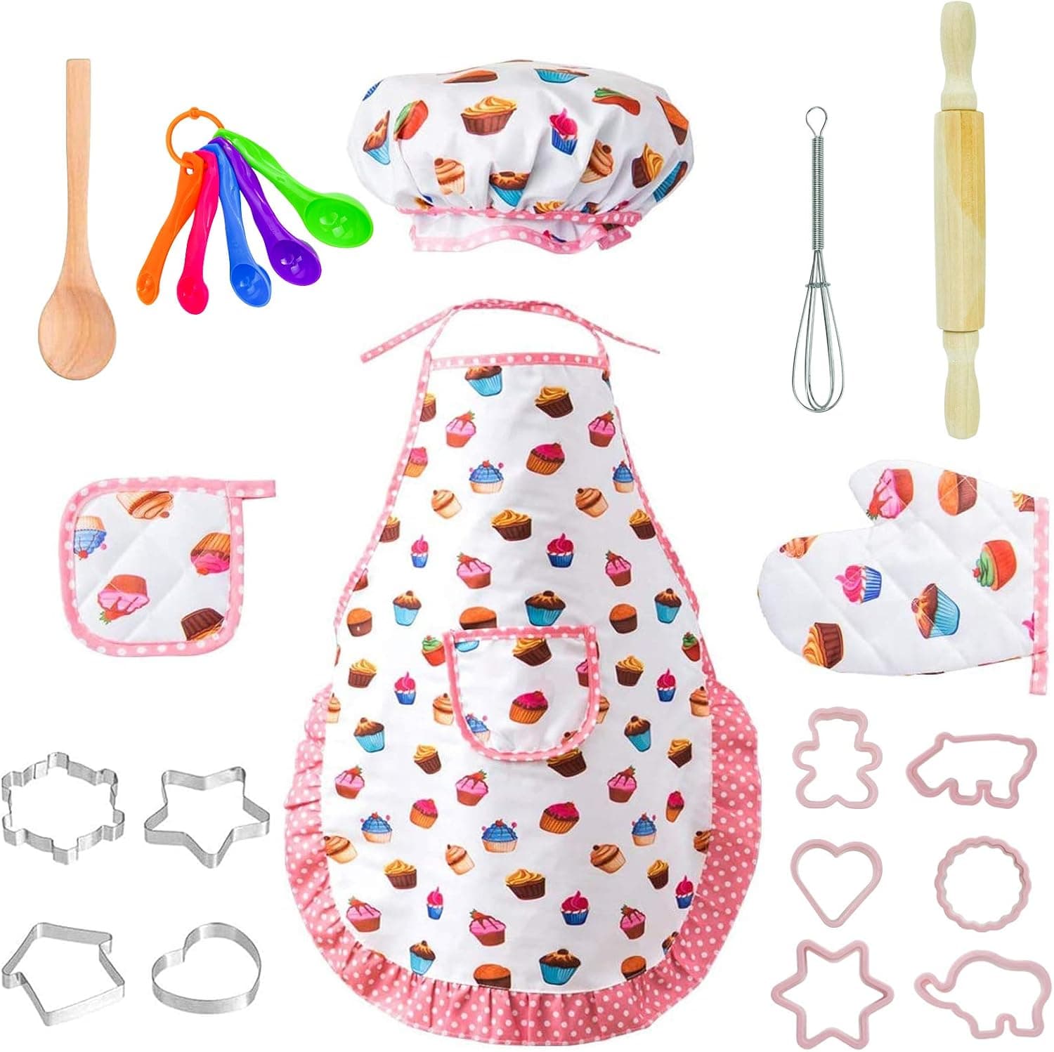 CACASO 22Pcs Kids Chef Role Play Costume Set,Toddler Cooking Apron Set,Apron&Chef Hat for Dress Up Chef Costume Play for Kids