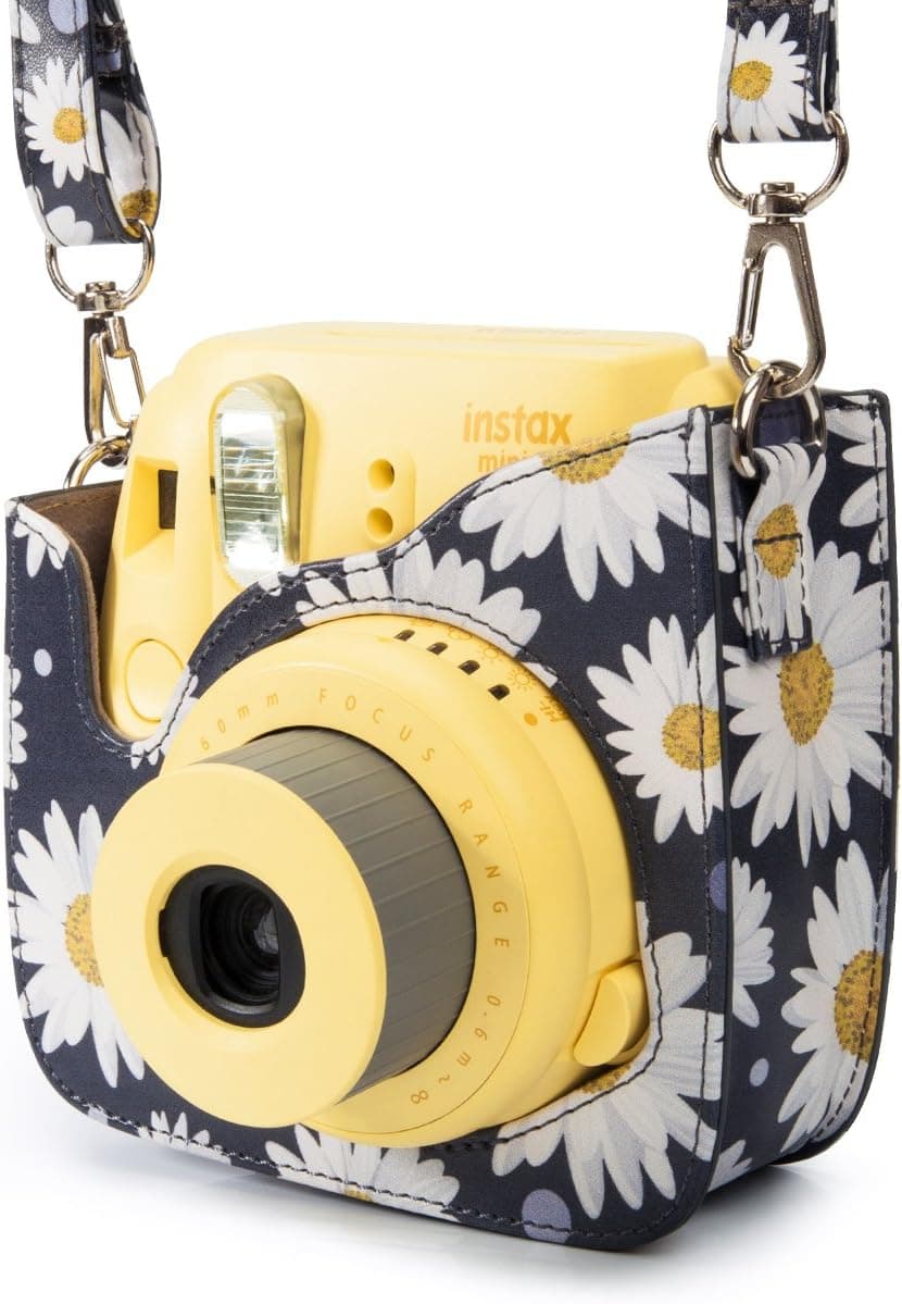 Woodmin Compatible Groovy PU Leather Camera Case with Shoulder Strap for Fujifilm Instax Mini 9 8 8+ Camera (Daisy)