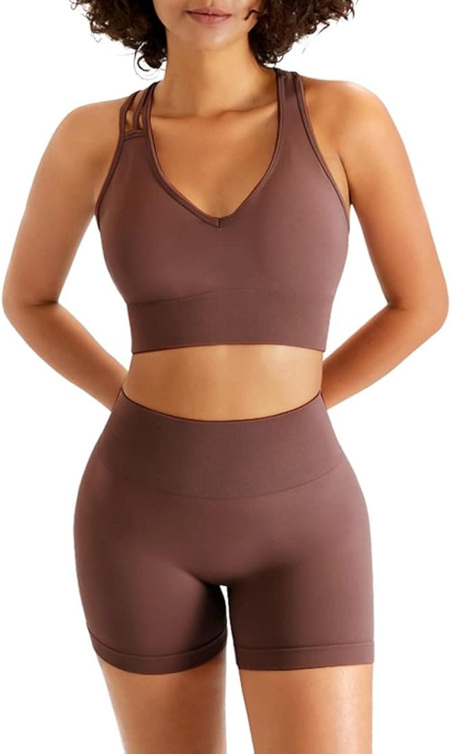 Jetjoy Exercise Outfits for Women 2 Piece Seamless Sport Bra+High Waist Gym Shorts Workout Activewear Clothing Set