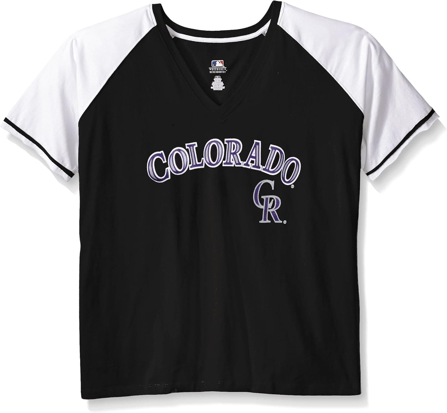 MLB Colorado Rockies Women's Short Sleeve Raglan Deep V-Neck T-Shirt, 4X, Black/White