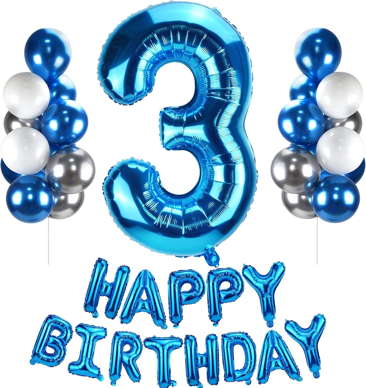 Sonyaer 40 Inch Number Balloon Blue, with Happy Birthday Balloons Banner and 20 Pcs 12 Inch Latex Balloons (Blue Number 3)