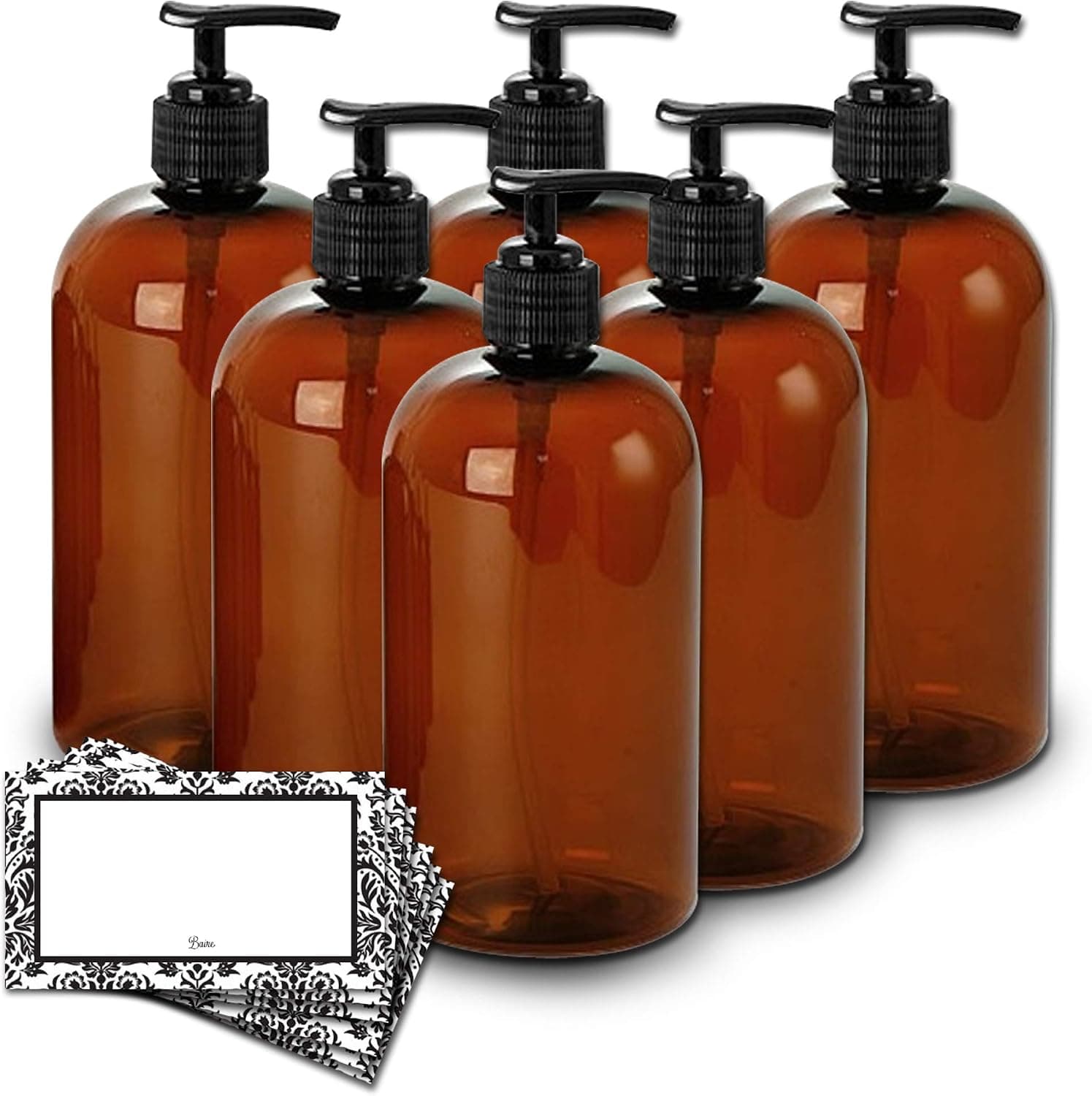 Baire Bottles 16 oz Empty Refillable Plastic Pump Bottles Dispenser 6 Pk PET BPA Free Refillable Containers Shampoo Lotion Oil Soap Waterproof Labels USA (Amber/Brown with Black Pump, Damask Labels)