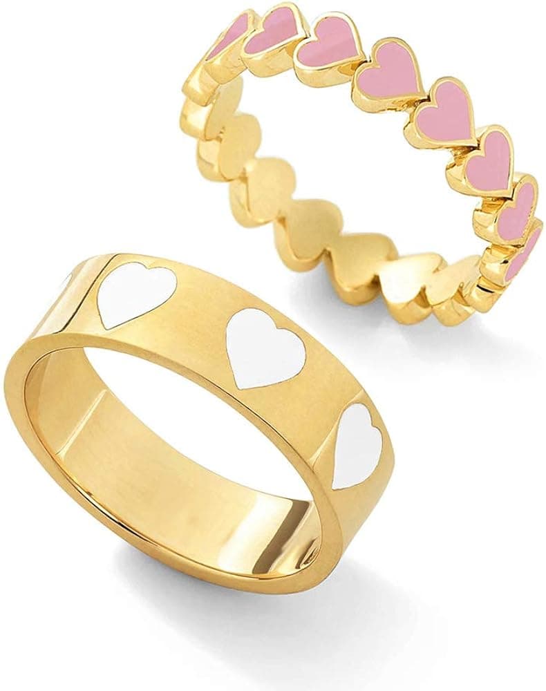 YOOESTORES82 2PCS Colorful Heart Ring Gold Band Rings Set for Women Girl Couple Cute Love Heart Plain Stackable Finger Rings Wedding Preppy Jewelry Gift