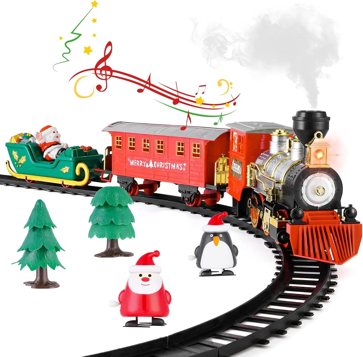 Electric Toy Train Set Around Christmas Tree, Steam Locomotive Engine w/Smokes, Lights & Sounds, Santa Claus Figure as Decoration, Gift for Kids Ages 3 and Up Boys Girls Toddler Children Presents