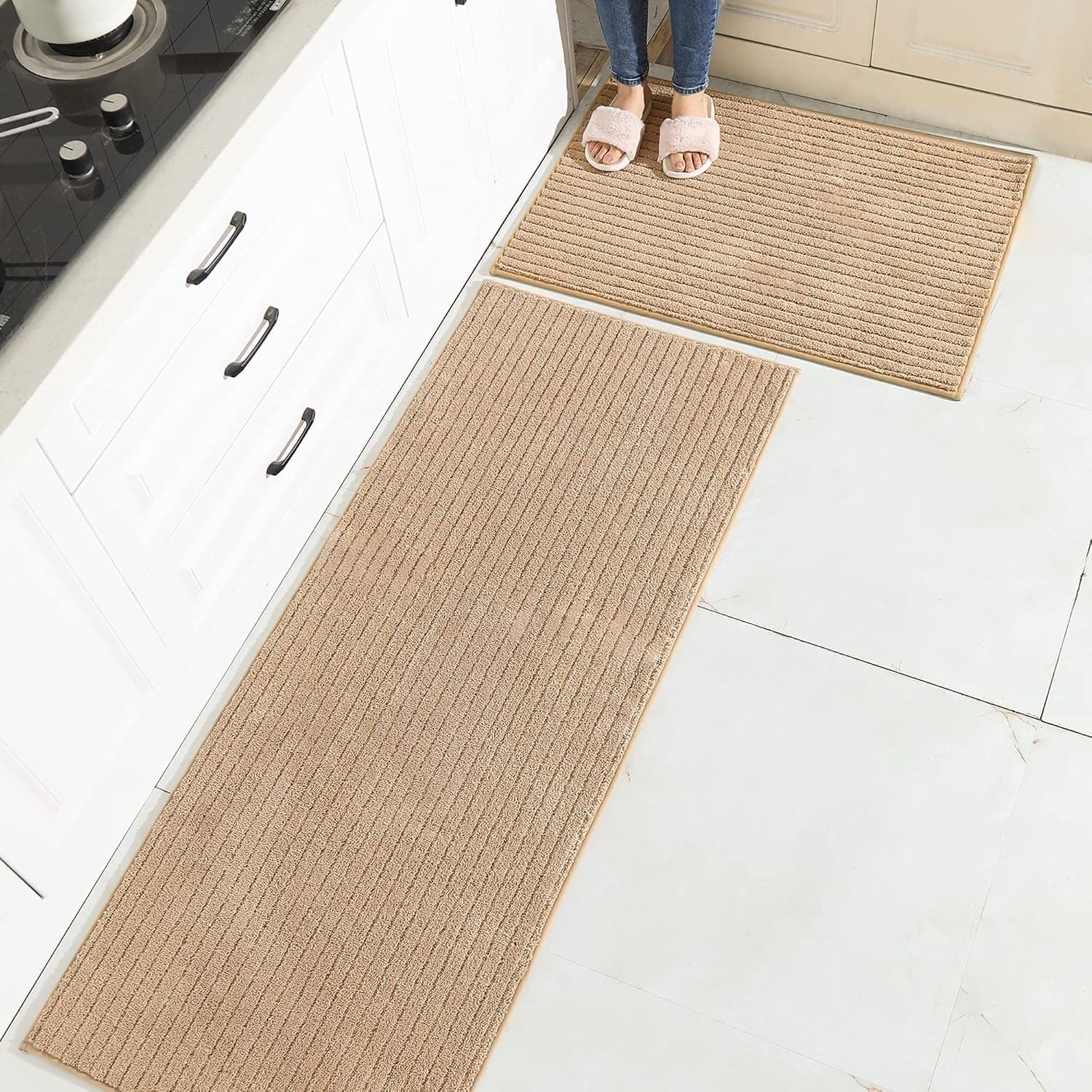 BEQHAUSE Kitchen Rugs and Mats Non Skid Washable Kitchen Floor Mat Set of 2 100% Polyester Beige Kitchen Rugs with TPR Backing Soft Kitchen Mats for Floor 24x35inch/24x60inch