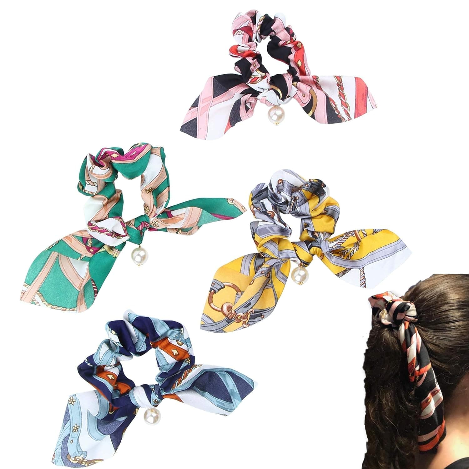 Hair Scarf Silk Scrunchies Ponytail - Unique Hair Ties Designs to match Different Outfits – Satin Silk Hair Bands for Women Teen Tween Hair Scarves Ties (4 pcs Pearl Print)